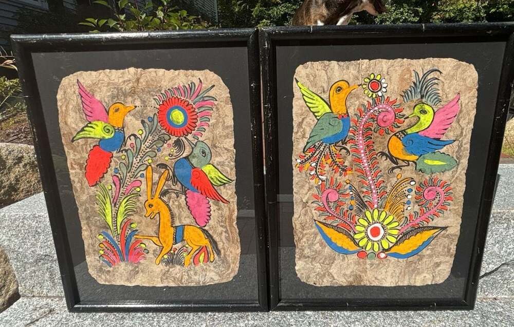 Vintage Mexican Folk Art Amate Bark Painting Framed Set